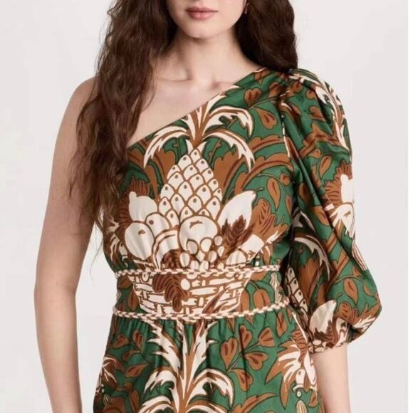 NWT Cara Cara Danielle One Shoulder Cotton Mini Dress Green Fruit Basket Size XL - Picture 2 of 15